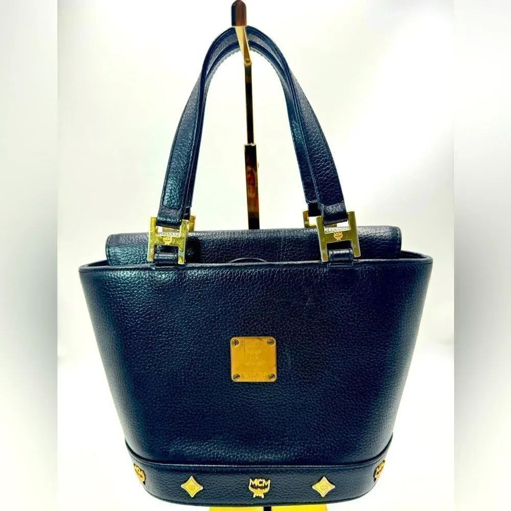 Auth MCM Black Leather Structured Studded Mini Tote Charms